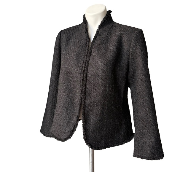 NWT, Ann Taylor Black Textured Fringe Trim Open Front Jacket, Sz M - Picture 4 of 15
